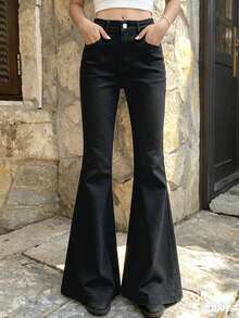 Livesso 女士高腰口袋休闲百搭喇叭牛仔裤 - 深灰色 - 查看 3