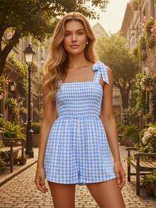 Women's Summer Spaghetti Strap Jumpsuit Sleeveless Wide Leg Plaid Shorts Overalls - Màu xanh lam - Xem 3