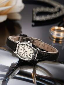 1件女士简约复古罗马数字真皮表带腕表，适合日常装饰 - 黑色 - 查看 3