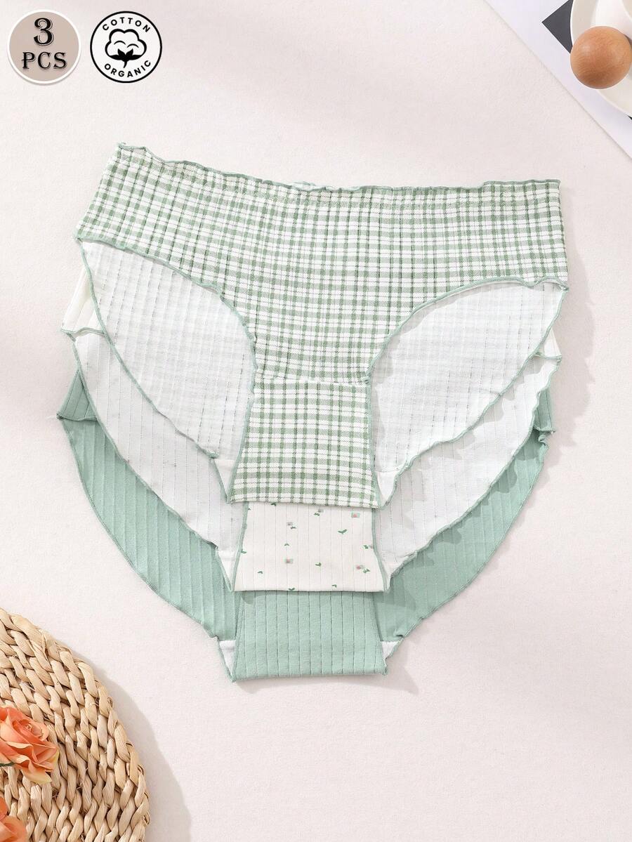 3 piezas/paquete Bragas suaves, cómodas y transpirables con volantes, bragas sexy con estampado de flores acanaladas en colores surtidos para yoga, deportes y uso diario
