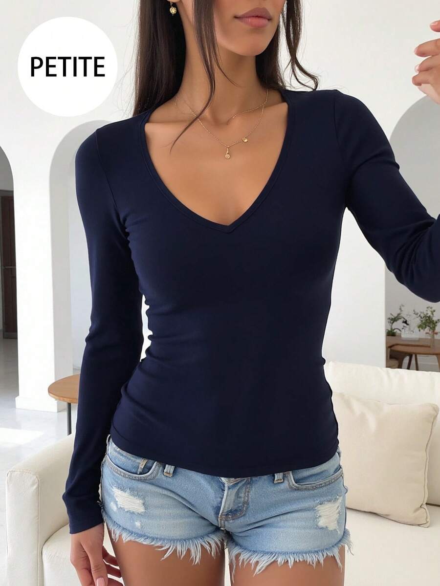 Vaiaye 女士修身V领性感长袖Y2K圣诞内衣 - 藏蓝色 - 查看 1