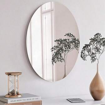 椭圆形壁镜 23cmx17cm 非玻璃材质 单包装 椭圆形梳妆镜 自粘亚克力镜 墙贴 柔性无框塑料镜 家居装饰 壁挂式镜子 适用于浴室、客厅、玄关等多种用途 亚克力材质 无框设计 镜面光滑