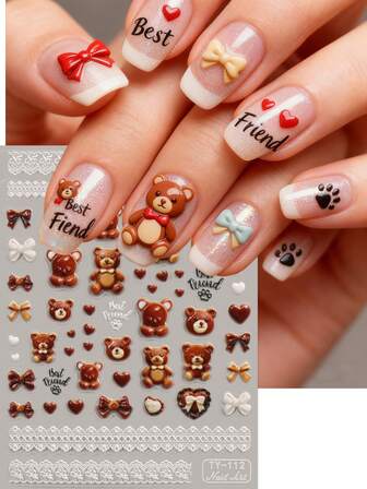 Valentine's Day Cartoon Bear Embossed Nail Stickers - Bear, Bow, Heart Shape Design, Artistic Sticker, Exquisite 5D Finish, Music Festival, Wedding Season, Carnival Theme, Easy To Apply Nail Decoration, DIY, Gift, Wedding Party Makeup, Y2K