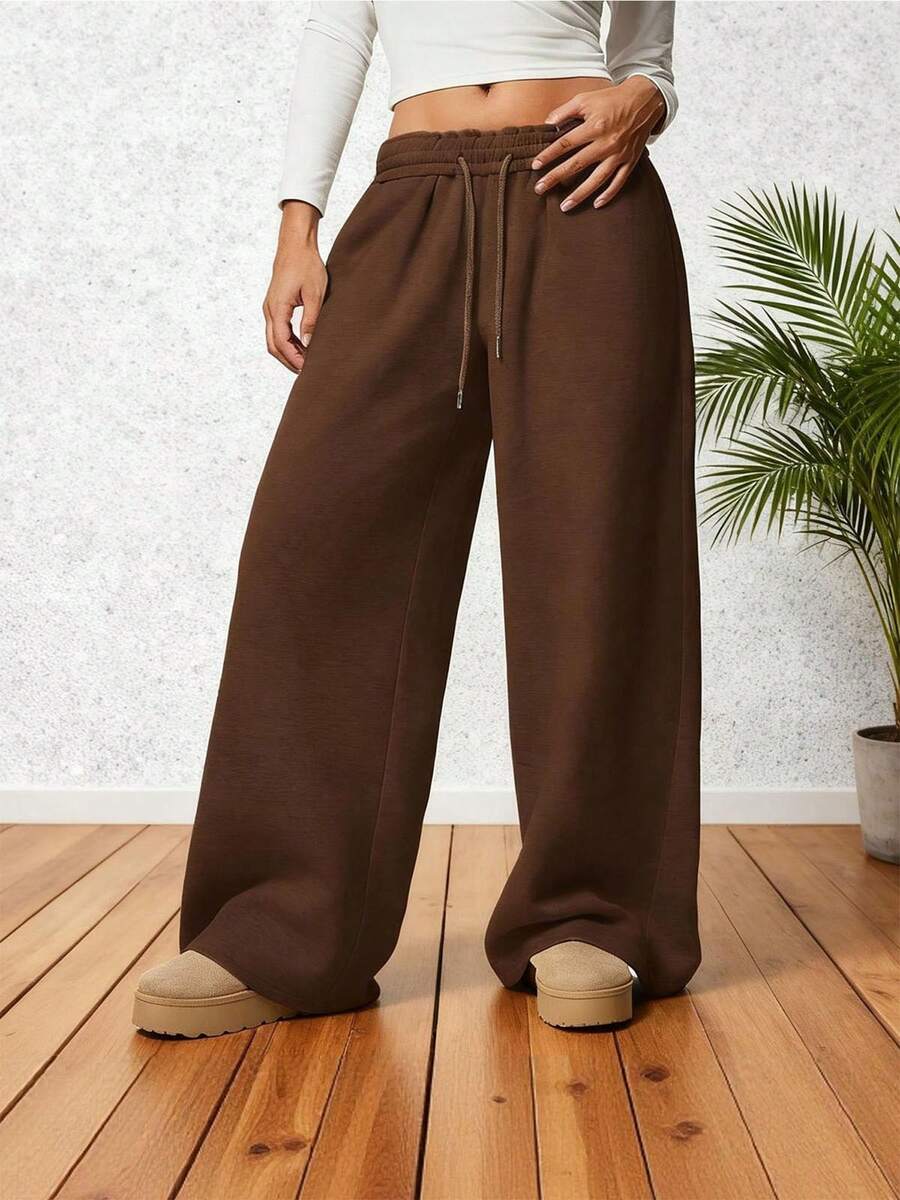 Women's Wide Leg Fleece Lined Sweatpants Winter Baggy Lounge Travel Pants Drawstring Athletic Joggers Fall Winter Spring Outfits - 咖啡棕 - 查看 1