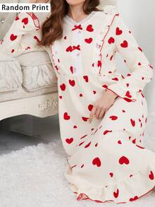 1pc Women Heart Pattern Random Print V-Neck Lace Patchwork Long Sleeve Long Dress Loungewear Set, Spring/Autumn - Multicolor - View 1