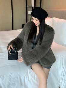 Women's New Faux Fur V-Neck Coat, Minimalist Furry Jacket, Autumn/Winter - Grey - View 9