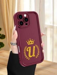 1 pieza Funda de teléfono con diseño de la letra U dorada con corona y laureles en estilo elegante y lujoso ideal para amantes del glamour y el estilo sofisticado TPU soft case, protección completa antideslizante y anti-caída, compatible con iPhone17 ProMax/16/15/14/13/12/11/Plus/Pro/ProMax, compatible con Galaxy A34/A35/A54/A55, Galaxy S20/S21/S22/S23/S24/S25 Ultra/Plus, compatible con Galaxy/Redmi/Honor/OPPO/ViVo - Burdeos - Ver 2