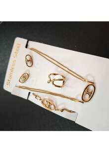 5pcs Women's Fashion Minimalist Jewelry Set - Delicate Bracelet, Necklace, Earrings, Ring, Suitable For Daily Wear - Vintage 5-piece Jewelry Set - View 5