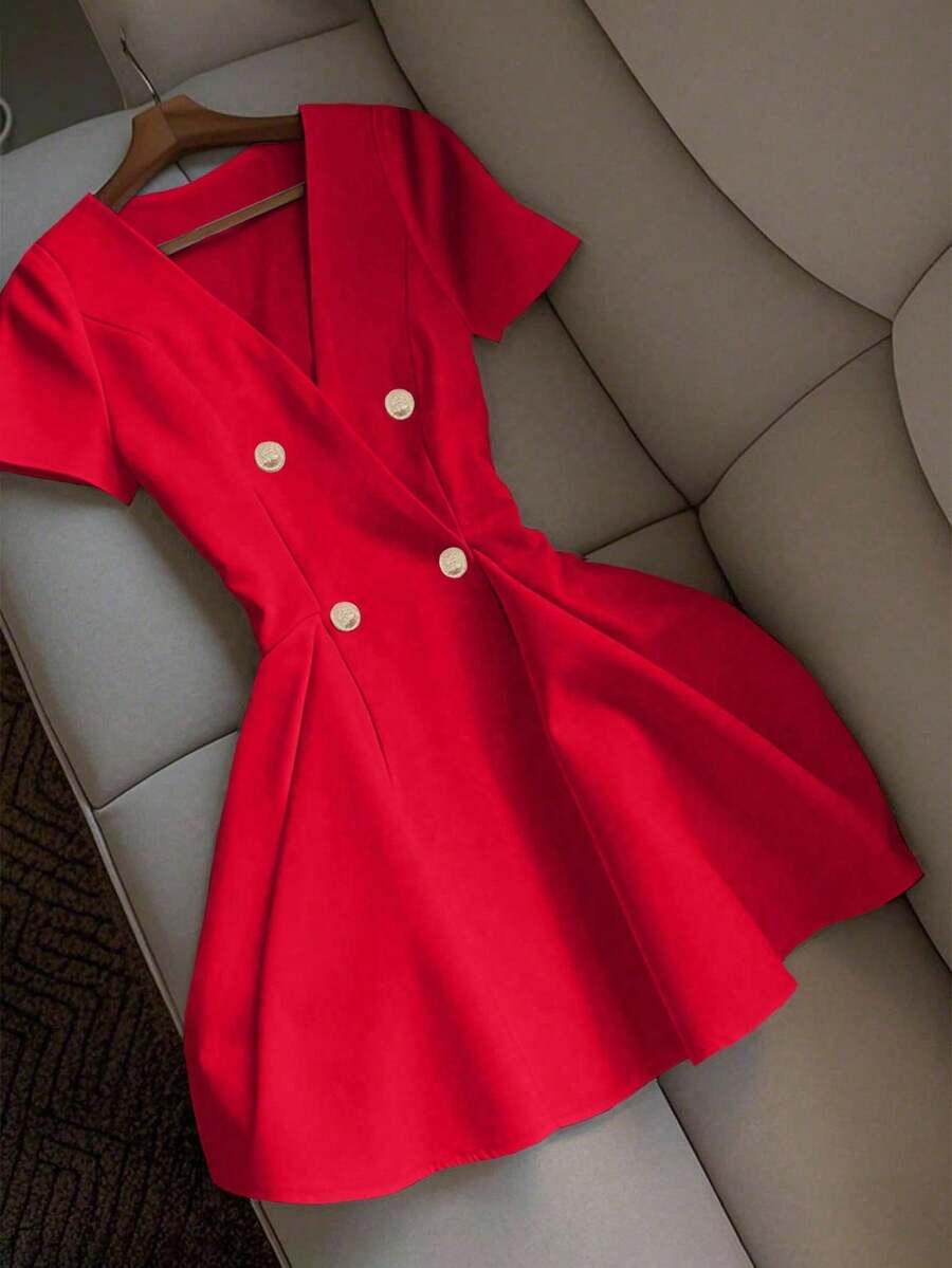V领短袖连衣裙，双排扣收腰喇叭裙，优雅修身迷你连衣裙，适合办公室穿着。 - 紅色 - 查看 1