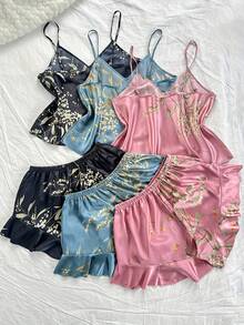 2-Piece Women's Plus Size Sexy V-Neck Cherry Printed Suspenders, Four-Season Home Shorts Pajamas Set, The Best Gift For Girlfriend - 粉色 - 查看 1