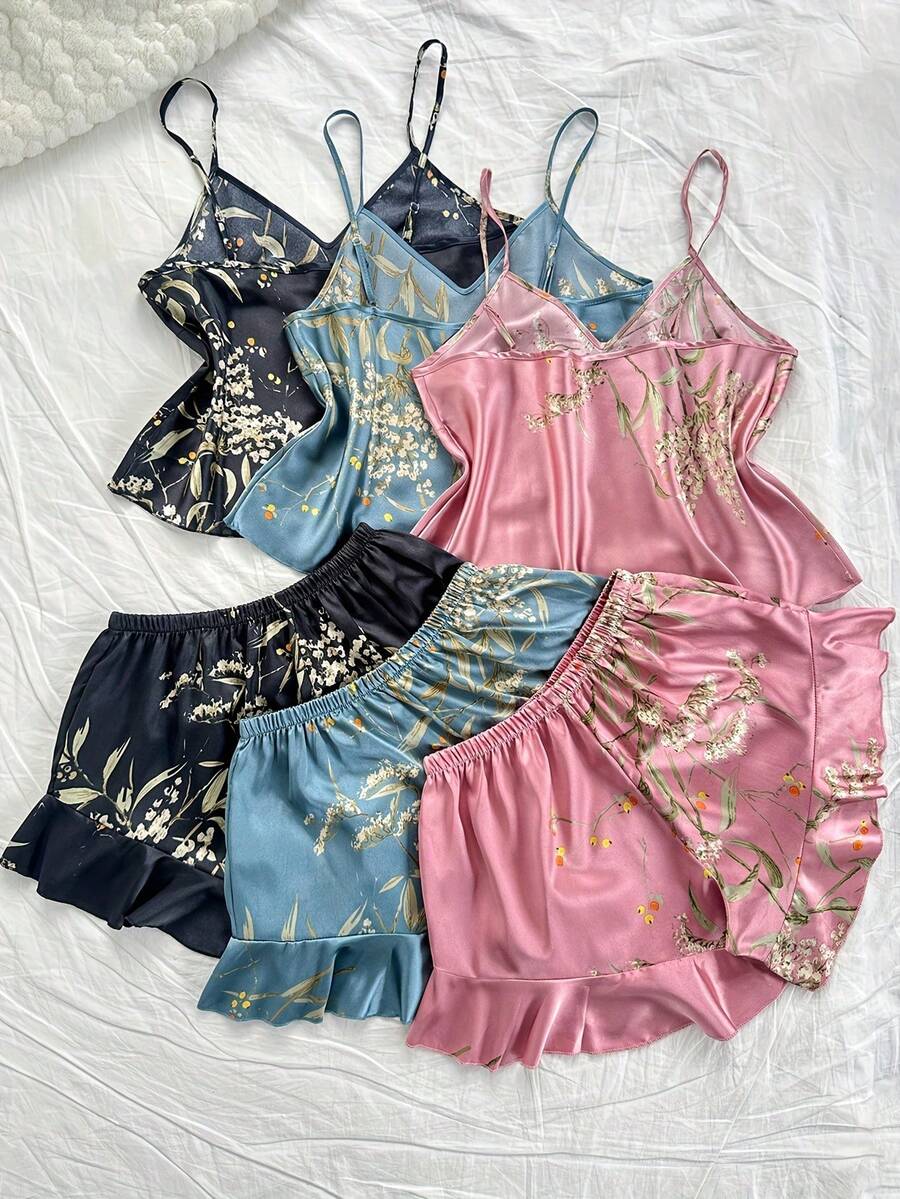 2-Piece Women's Plus Size Sexy V-Neck Cherry Printed Suspenders, Four-Season Home Shorts Pajamas Set, The Best Gift For Girlfriend - 粉色 - 查看 1