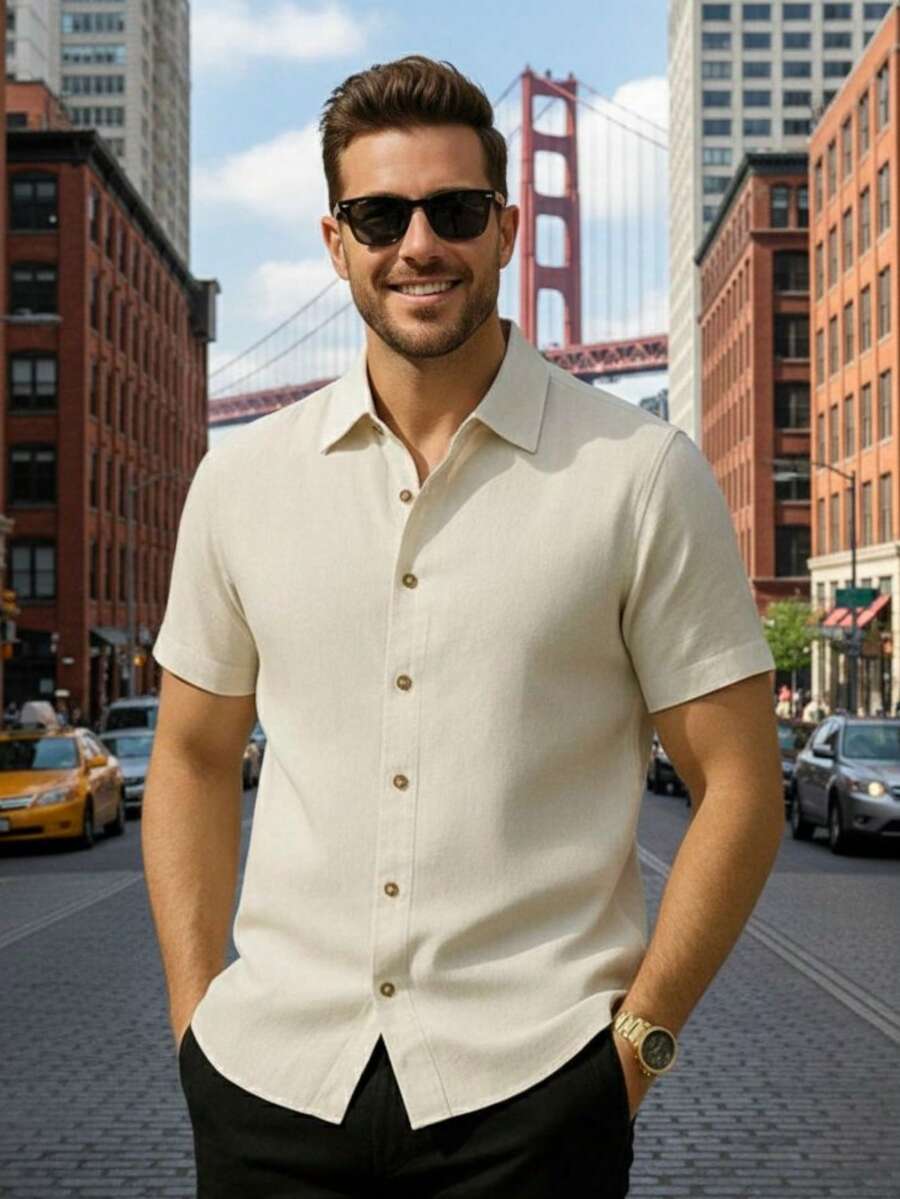 Italian Collar Shirt Short Sleeve Slim Fit Casual - 米色 - 查看 1