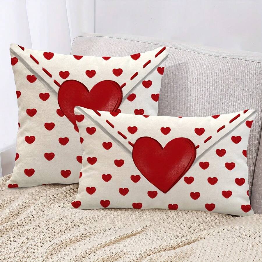 Bộ 2 vỏ gối trang trí ngày Valentine, họa tiết trái tim đỏ hình phong bì, chất liệu polyester nhẹ, tối giản, in một mặt, thích hợp cho ngày Valentine, kỷ niệm ngày cưới, trang trí ngày lễ, phù hợp với sân hiên, ghế sofa, phòng khách, có khóa kéo, không bao gồm ruột gối. - Đỏ và trắng - Xem 1