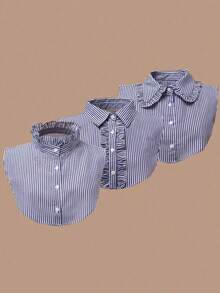 1件女士条纹休闲立领荷叶边可拆卸假领 - 條紋假領子 - 查看 5