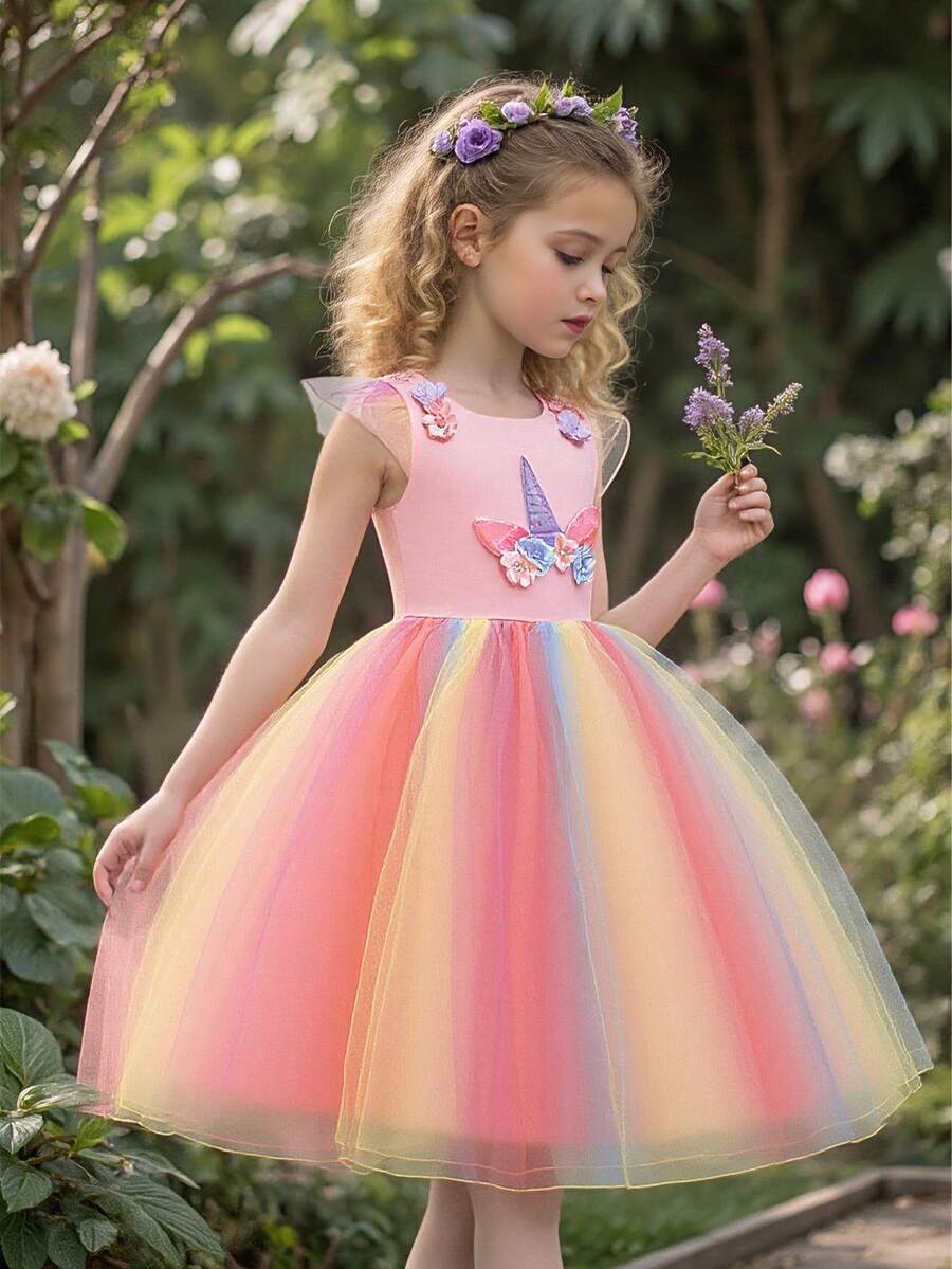 Elegant Floral Colorful Tulle & Satin Girls Birthday Party Dress, Suitable For School Dance, Party, Flower Placement & Color Varies, Headband Not Included - Pink - View 1
