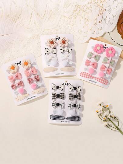 10pcs/Set Cute Fabric Flower & Bow Hair Clips, Sweet Girls Hair Accessories Set, Infant Toddler New Headwear