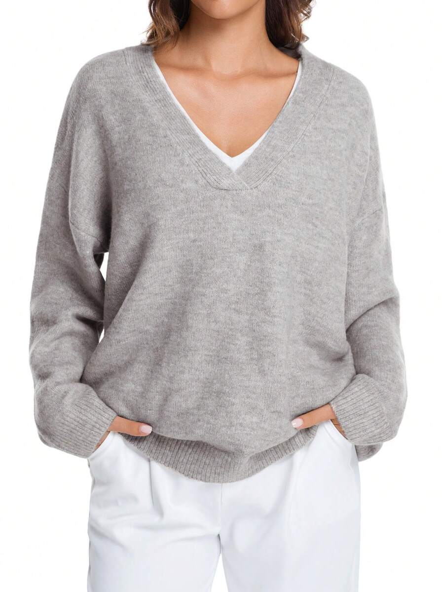 ​Essential Plus Size Long-Sleeve V-Neck Sweaters For Women – Must-Have Fall/Winter Wardrobe Pieces - Grey - View 1
