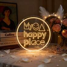 My Happy Place LED Neon Sign (M/ Face/Triangle Symbol), Christmas/New Year/Birthday/Valentine's Day Gift, USB Powered With Adjustable Brightness, Suitable For Decoration In Parties, Bars, Bedrooms, Living Rooms, Bookstores, And Cafes - Warm White - View 2