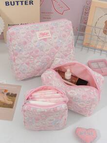 1 chiếc túi đựng mỹ phẩm chần bông họa tiết nơ hình cún con kẻ caro hồng, túi trang điểm có khóa kéo dung tích lớn, túi đựng đồ dùng du lịch tiện dụng cho băng vệ sinh, chìa khóa, điện thoại, sạc, son môi, mỹ phẩm, nước hoa, cọ trang điểm, món quà lý tưởng cho phụ nữ, bé gái, sinh viên, sinh nhật, bạn bè. - Hồng - Xem 10