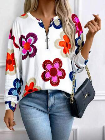 花卉图案休闲宽松大码女式拉链连帽衫，适合返校、教师节、音乐节、秋冬季