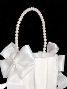1PC Wedding Flower Basket, White Bow Faux Pearl Satin Flower Basket For Wedding Party Decoration, With Lovely Pearl Handle Bow, New Year Gift Home Decor Bridal Bouquet Centerpiece Valentine, Party Events, Ideal For Wedding Or Festival Decoration - Multicolor - View 4