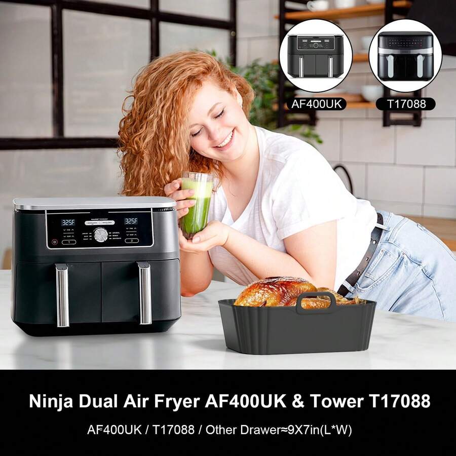 EstiloForro De Silicona Para Freidora De Aire, 2 Unidades, Accesorios Para Freidora De Aire Dual AF300UK AF400UK Y Tower T17088, Cesta De Silicona Para Freidora De Aire De 7.6-9.5LVersióN Mejorada - 1 - Ver 1