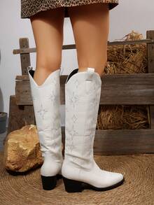 FVPFVP Inspired Embroidered Boots, European & American Style Chunky Heel Tall Denim Over-The-Knee Boots For Women, - White - View 7