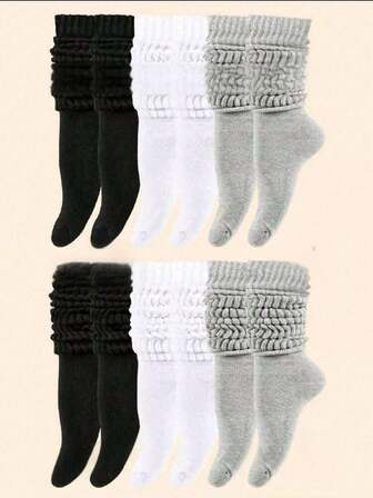 6 Pairs Of Women's Warm Stack Socks, Solid Color Knitted Crew Socks, Suitable For All Seasons,Size36-43