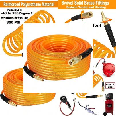 Reinforced Polyurethane Recoil Air Hose, Heavy Duty Flexible Air Compressor Hose With Bend Restrictor, 1/4" Swivel Industrial Quick Coupler And Plug, Orange