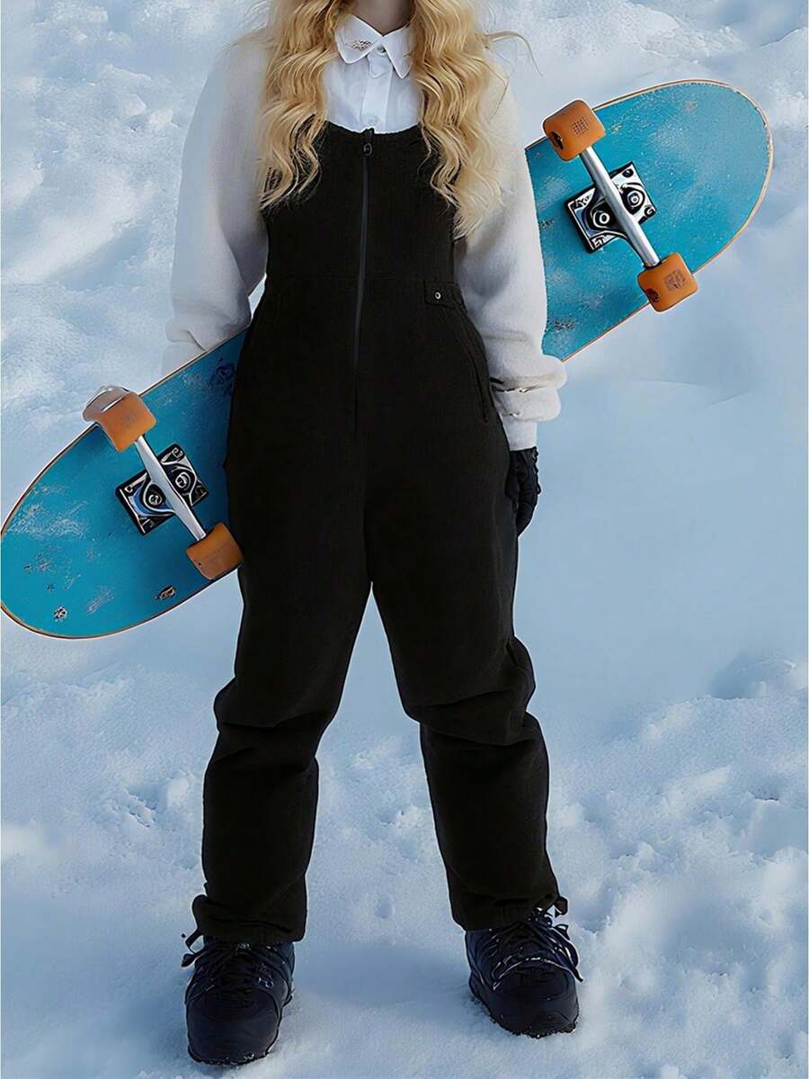 Winter Clothes Women's Ski Bib Overalls Waterproof Windproof Snow Pants Winter Outdoor Warm Thickened Ski Trousers Snowboarding Overalls - 黑色 - 查看 1