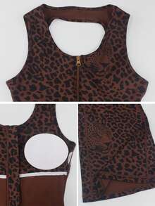 GOSOUER 1 Peça Macacão Flare Feminino Sexy com Decote V Profundo Vazado, Estampa de Onça, Gola Redonda, Zíper Frontal, Cintura Alta, Contorno, Esporte, Corrida, Fitness, Ginástica, Dança - Vinho - Visão 4