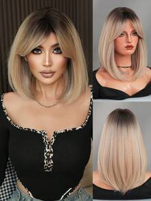 7JHH WIGS 16-Inch Linen Golden Brown Bobbed Wig With Gray Highlights - Shoulder-Length Straight Wig With Side Bangs - Dark Roots, Soft And Silky, Heat-Resistant Synthetic Fiber Material, Suitable For Women's Daily Wear, Ideal For Festivals, Music Events, Celebrations, Graduation And Mother's Day Gifts. - 亞麻金 - 查看 3