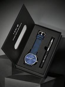TOMI Men's Quartz Watch With Pen Set, Minimalist Business Style Calendar Watch, High-End Leather Strap, Gift Box, Suitable For Daily Life, Business Events, Christmas, Year-End