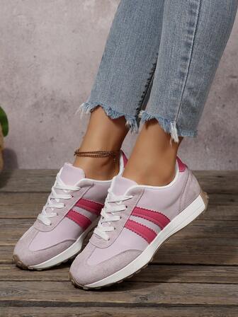 Women's Pink Versatile Casual Shoes, Fashionable Lace-Up Sneakers, Comfortable Shoes, Running Shoes, All Season