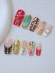 10片装Y2K风格美甲贴纸套装 - 手工制作，红黑美甲，黑金法式美甲，3D金色图案渐变设计，白色仿珍珠和金链装饰，闪亮金色十字架和水钻点缀，优雅可爱 - 适合女性和女孩，派对、婚礼、日常美甲用品 - 彩色 - 查看 11