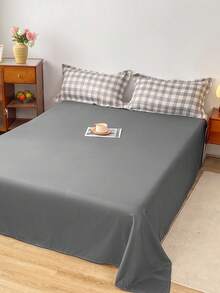 4pcs Grey Plaid Bedding Set (1 Duvet Cover, 2 Pillowcases, 1 Flat Sheet), Modern Elegant Style, Skin-Friendly Comfortable, Suitable For Twin/Full/Queen Beds, All Seasons