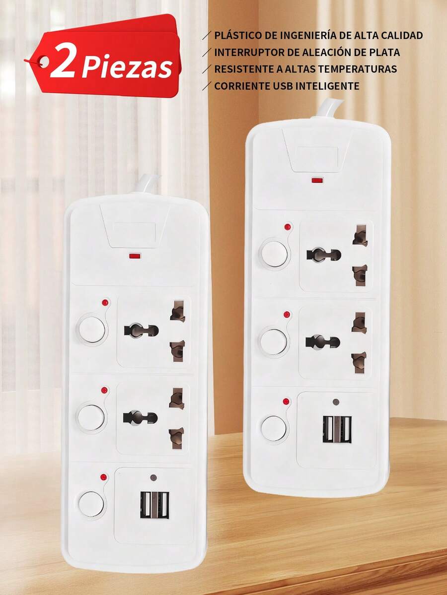 2 Pieza Regleta de 4 en 1 con 2 puertos USB, 2 tomas de corriente AC. 110V-220V,2000W, un enchufe de pared, fácil de transportar,Extensión Eléctrica Multicontacto,adaptador de regleta para el hogar y la Oficina,adecuado para uso doméstico, oficina y viajes. - 2 piezas - Ver 1