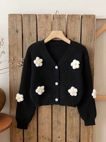 3D Floral V-Neck Knit Cardigan, Cute & Sweet Black V-Neck Knit Cardigan, Women's Crochet Floral Long Sleeve Knit Cardigan, Autumn Fashion Button Front Outerwear, Women's Outerwear Top, Spring