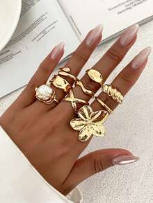11pcs/Set Vintage Punk Baroque Faux Pearl Asymmetric Water Drop Hollow Ring Set, Fashionable Geometric Design Rings, Suitable For Women's Daily Outfit And Party Accessories