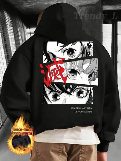 Anime Style Double Sided Fleece Lined Hoodie Demon Slayr Wicked Graphic Hoodie Men Anime Costume Men's Winter Clothes Mens Clothing Jumpers For Men Loose Fit Soft And Comfortable Wear For Casual,Innerwear Or Outfits,Streetwear,Gifts For Men,Anime Enthusiast,Must-Have For Fall And Winter