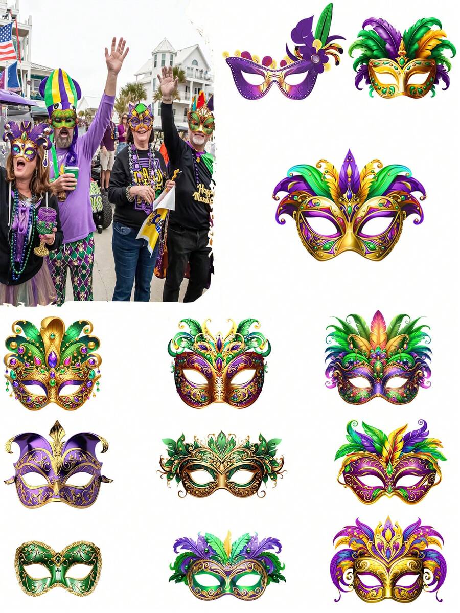 12/6pcs/Carnival Masks Paper Costume Party Masks (12 Styles) Carnival Parade & Dance Supplies Purple, Green, Yellow Feather Masks Party Favors For Men & Women Carnival-Themed Decor & Party Supplies - Multicolor - View 1