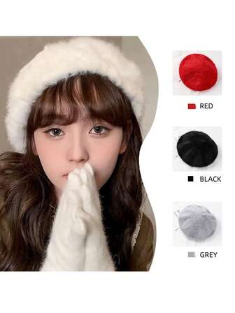 1pc Rabbit Fur Beret Hat, Large Head Circumference, Women Autumn/Winter Fluffy Cloud Furry Beret