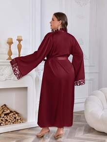 New Plus Size Women's Elegant Satin Robe, Soft Lace Trim, Flare Long Sleeves, Silky & Comfortable, Bridal Robe, Bridesmaid Dress, Includes Waist Belt, Suitable For Home Use - Burgundy - View 2