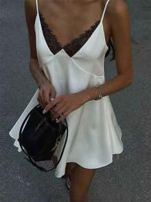 Women New Year Dress Outfits, Beach Wedding Guest Dress – White Lace & Satin Backless Mini Sundress | Vacation Outfits Woman, Coachella Rave, Ibiza Festival, Graduation Party, Strappy V-Neck Elegance, Bridal Shower, Date Night, Casual Chic With Detachable Poncho Party Dress Women's New Year Eve Dress - White - View 3