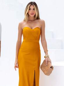 Strapless Maxi Dress With Slit, Trilobal Knit - Gold - View 3