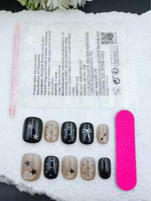 10件套，黑白短椭圆美甲贴片，可佩戴美甲，手工制作，优雅精致设计，高端法式风格，哑光，凝胶指甲油，闪粉，猫眼效果，金属光泽，全覆盖假指甲片，包含1管凝胶指甲油、1根指甲钳和1条抛光条。适合派对、旅行、跳舞、日常佩戴，也可作为礼物。美甲用品 - 黑與白 - 查看 10