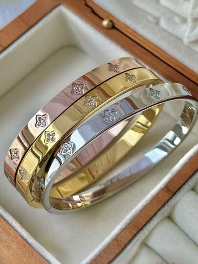 3pcs/1pc 18K Gold Plated Stainless Steel Four-Leaf Clover & Five-Petal Flower Bracelet Set, Can Be Stacked Or Worn Individually, Inlaid With 3D Cubic Zirconia. Waterproof And Fade-Resistant Bracelet, Suitable For Daily Wear, Parties And Formal Events, Perfect Gift For Female Friends