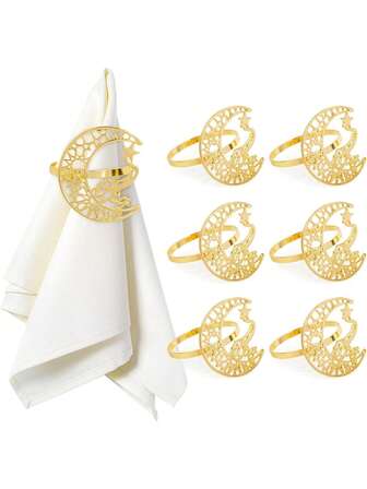 4pcs Elegant Golden Metal Napkin Rings With Moon Design - Polished Metal, Solid Color, For Ramadan Party, Weddings, Parties, And Formal Events, Hollow Moon Napkin Holder