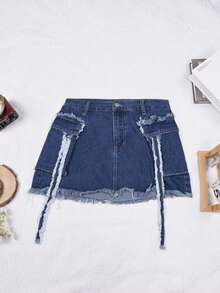 复古街头风翻盖口袋做旧毛边牛仔迷你裙 - 深色水洗藍 - 查看 5