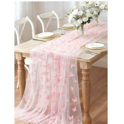 1pc Pink Butterfly Table Runner, Double-Sided Polyester Gauze Tablecloth, 75*180cm, DIY Handmade, Butterfly Theme Party Supplies, Gender Reveal Party Decor, Wedding Decor, 1st Birthday Decor, Baby Shower Supplies, Holiday Party Decor, Home Decor, Room Decor, Dining Table Decor